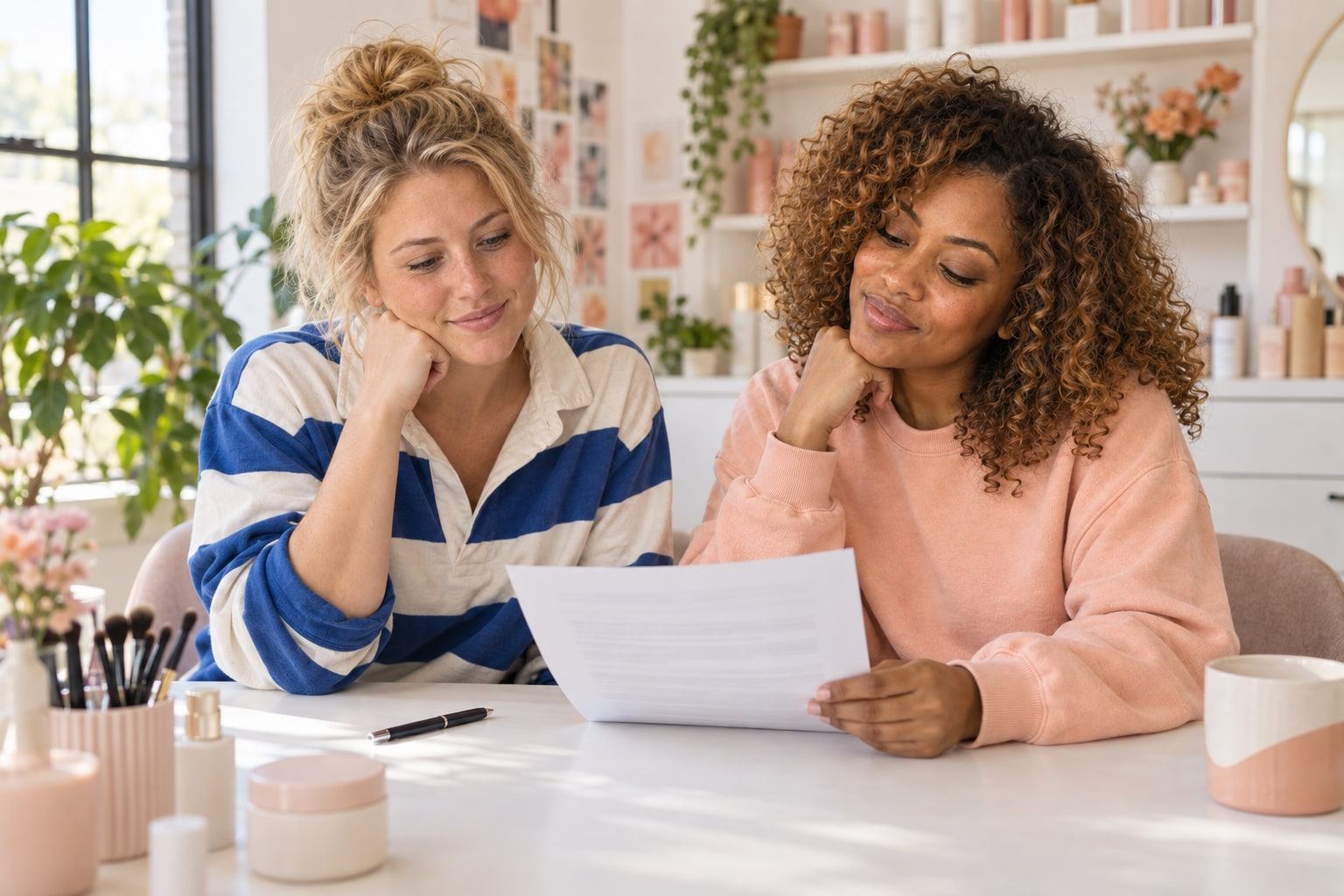 Two women go through a set of papers at a table in a bright beauty studio.