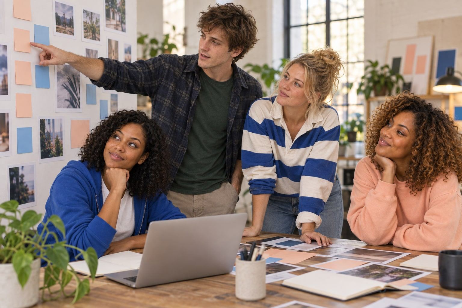 Four people talk over blank notes and printed photos fixed to a studio wall.