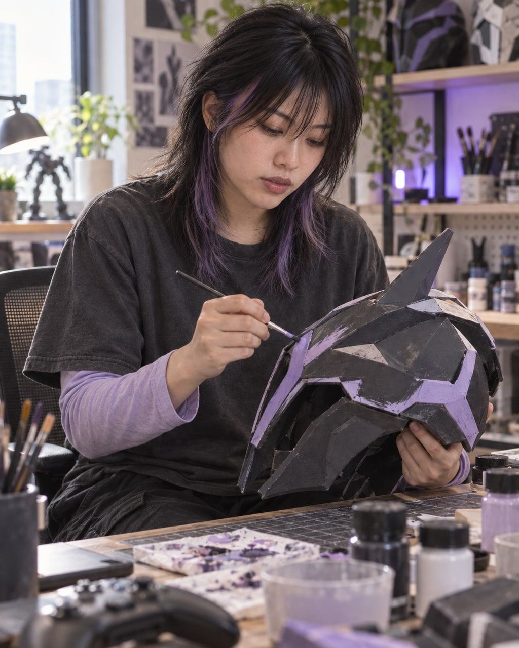 Under purple light, a woman paints an angular helmet at her crafting desk.