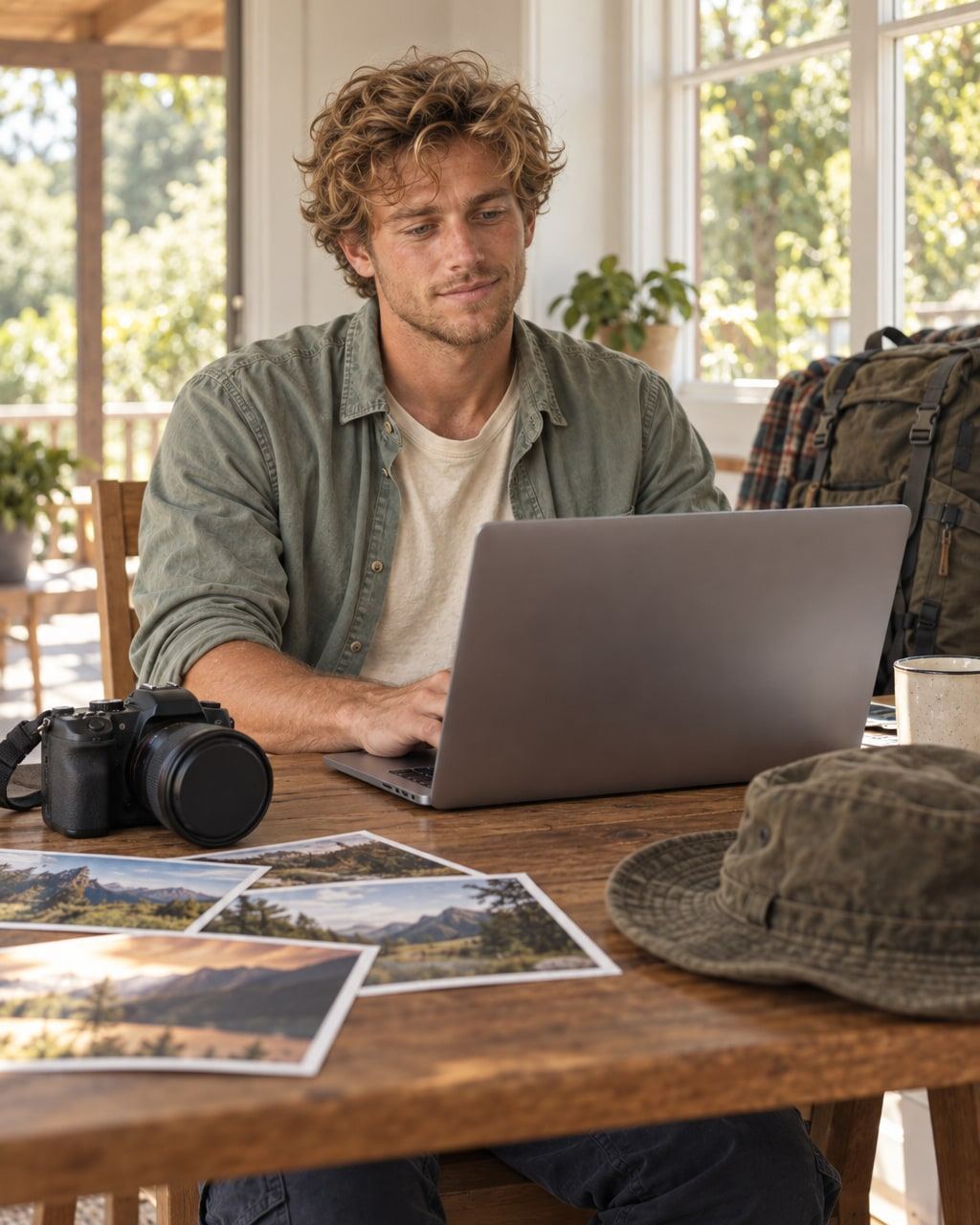 Near a window, a man works on photo edits surrounded by landscape prints and travel kit.