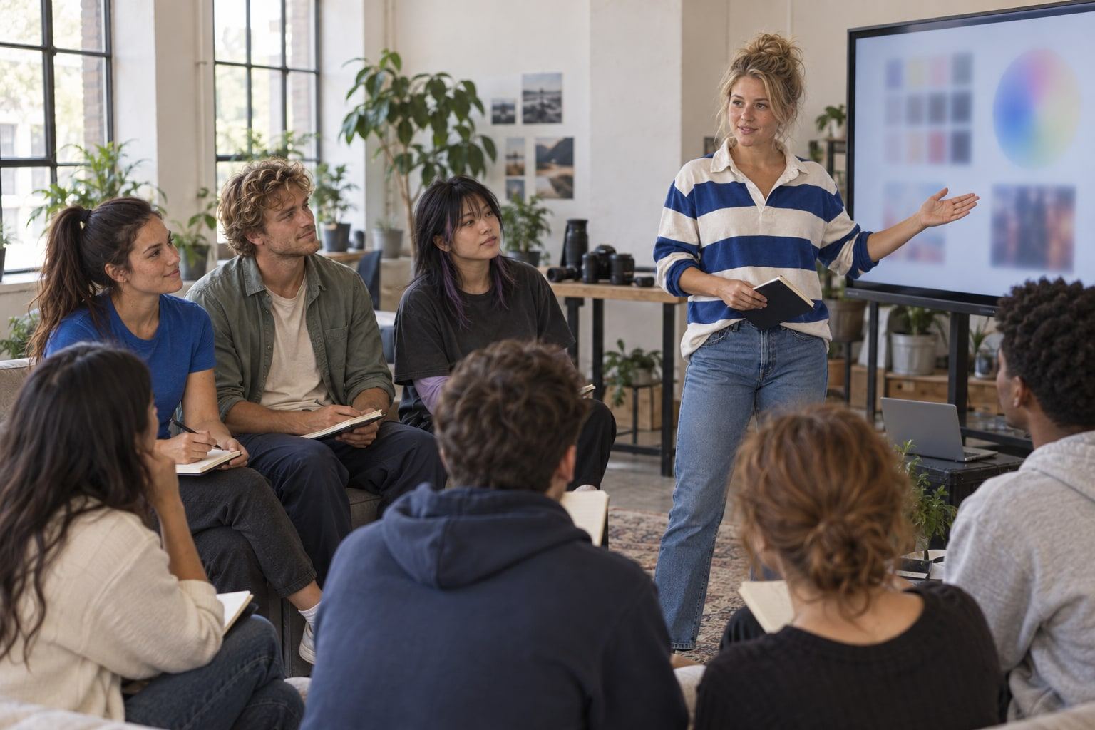 Seated listeners hold notebooks as a woman walks them through blurred charts.