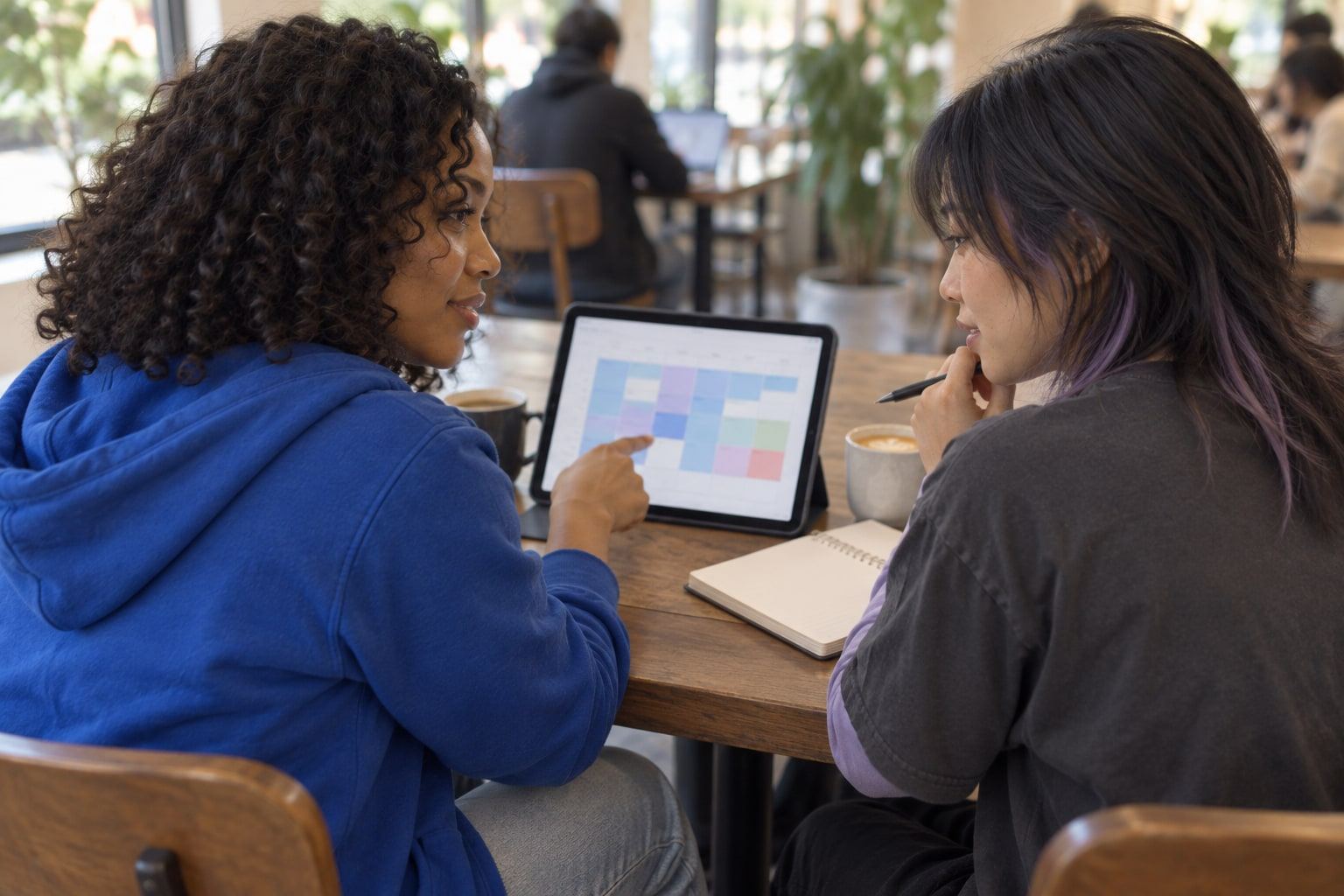At a café table with coffee cups, two women look over something on a tablet.