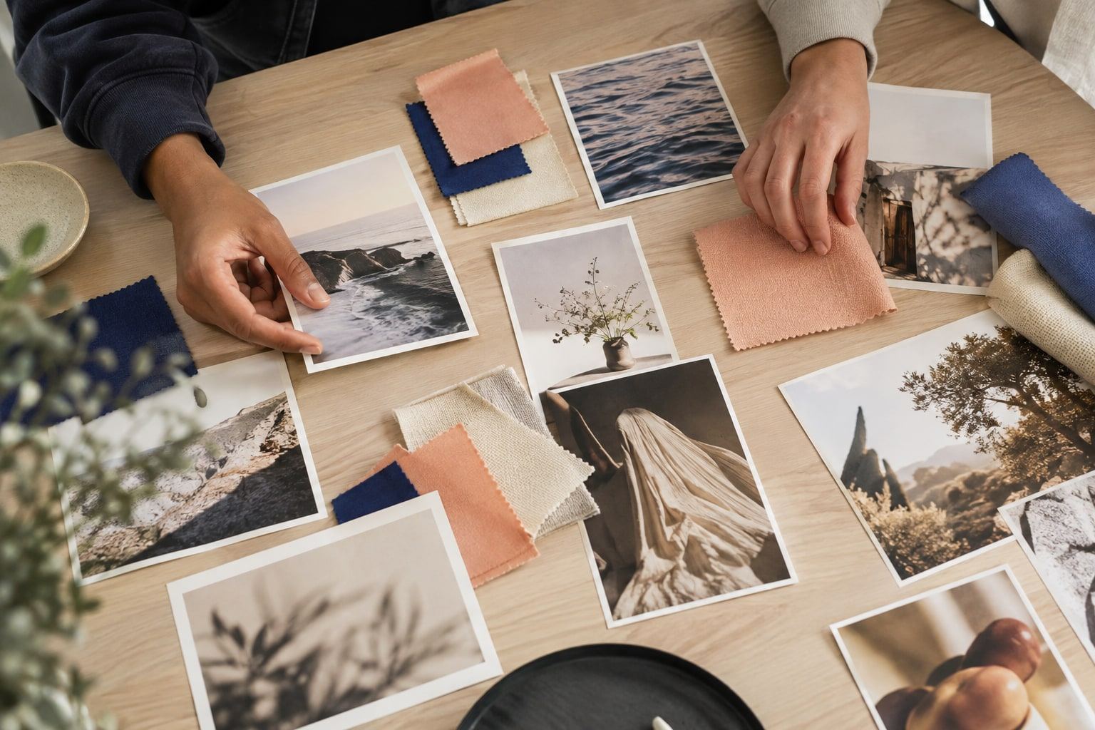 Hands lay out fabric samples and printed photos on a light wooden tabletop.