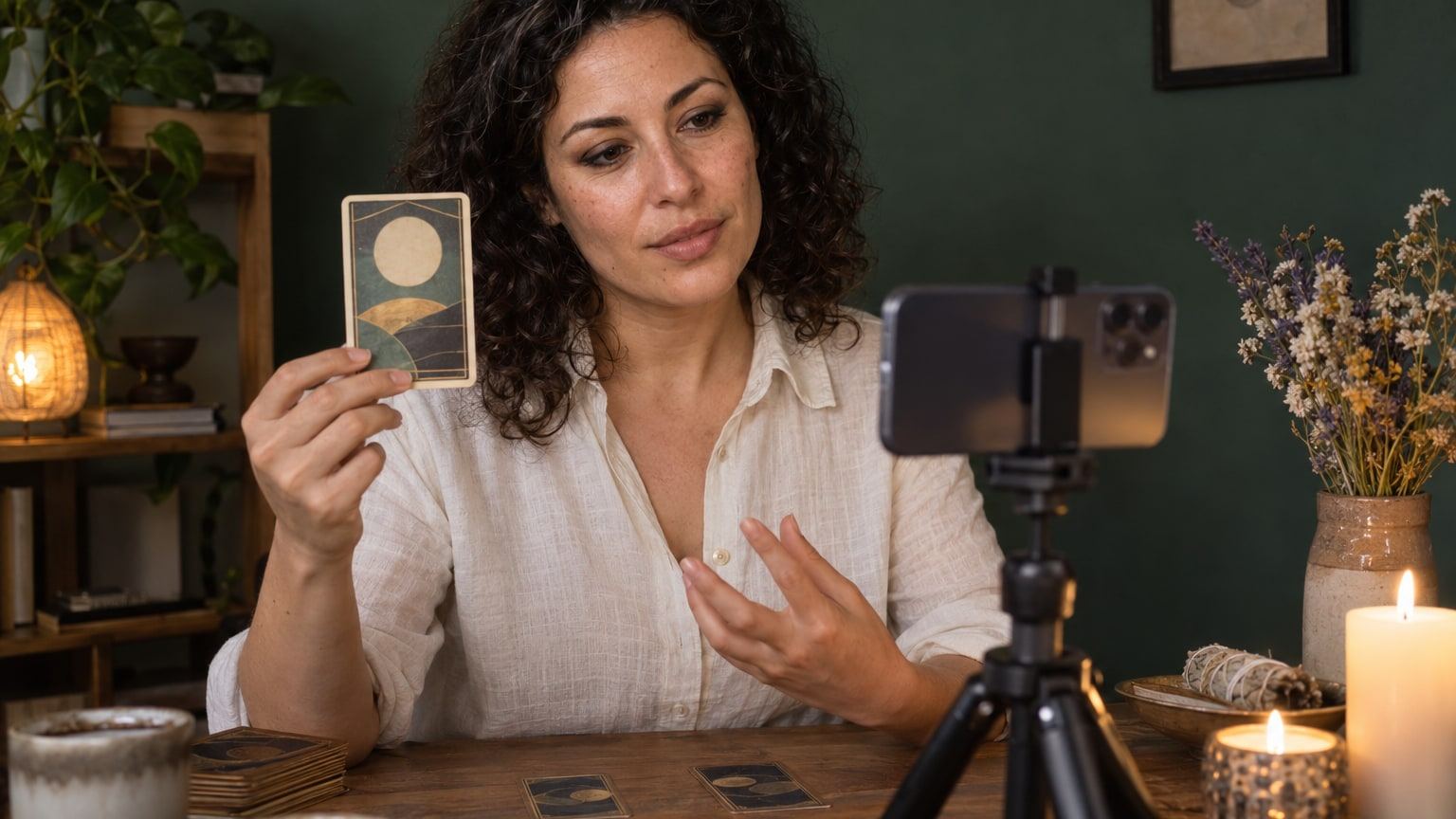 Woman with dark curls holds up a tarot card to a phone on a tripod.