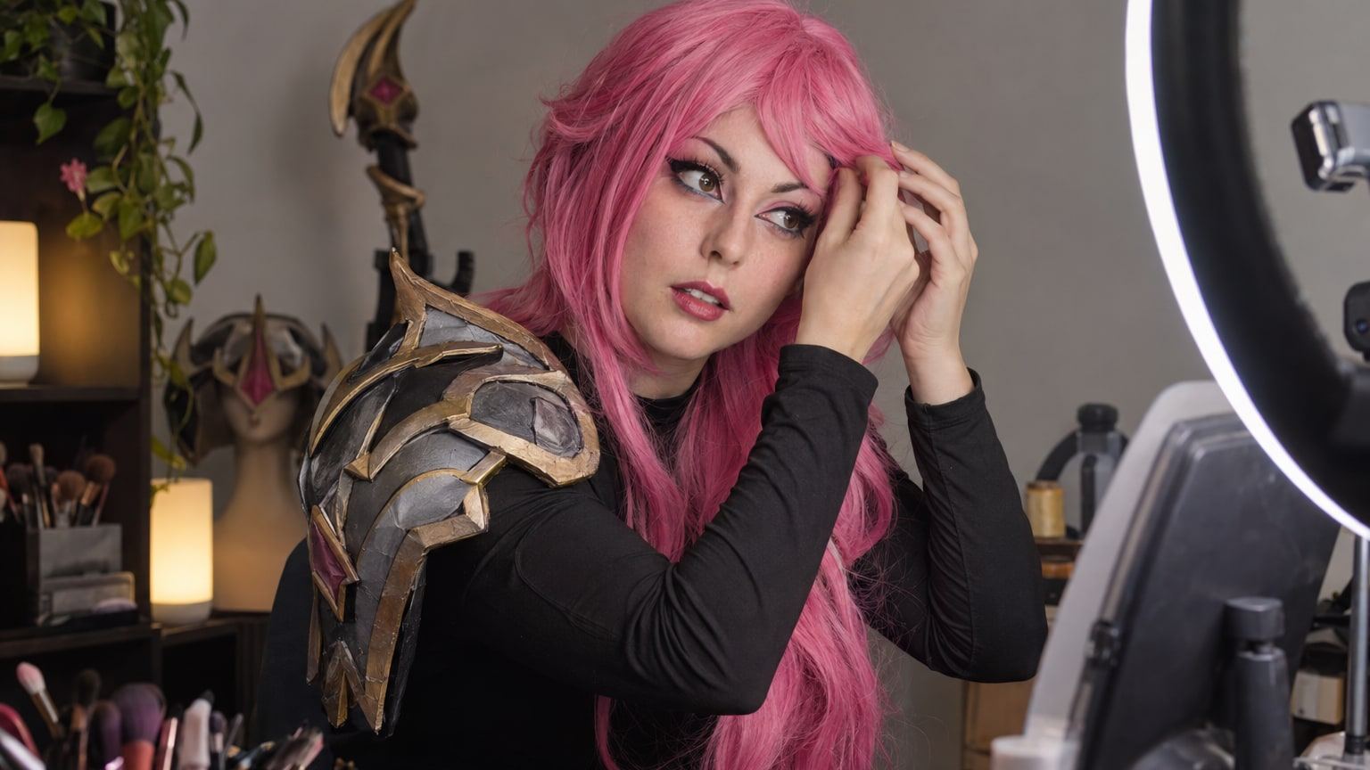 Woman in a pink wig and painted armour adjusts her costume before a ring light.