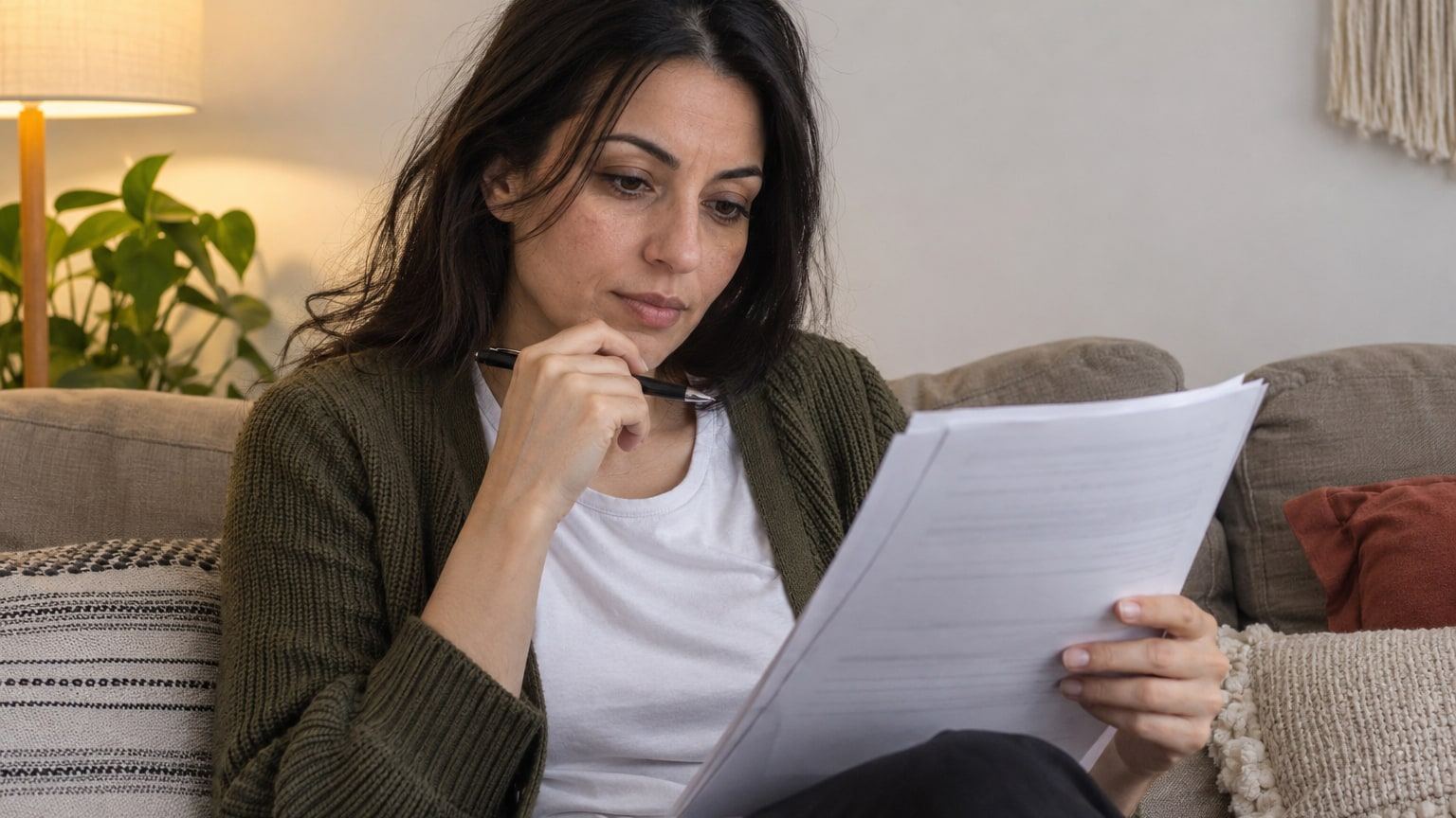 Woman with long dark hair reads printed pages on a sofa holding a pen.
