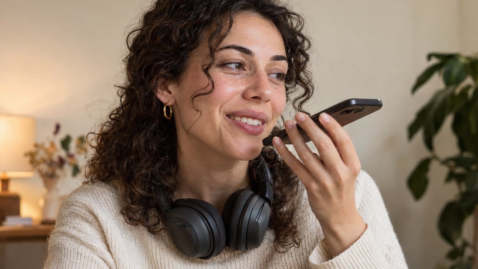 Woman with dark curls records a voice message into her phone, headphones around her neck.