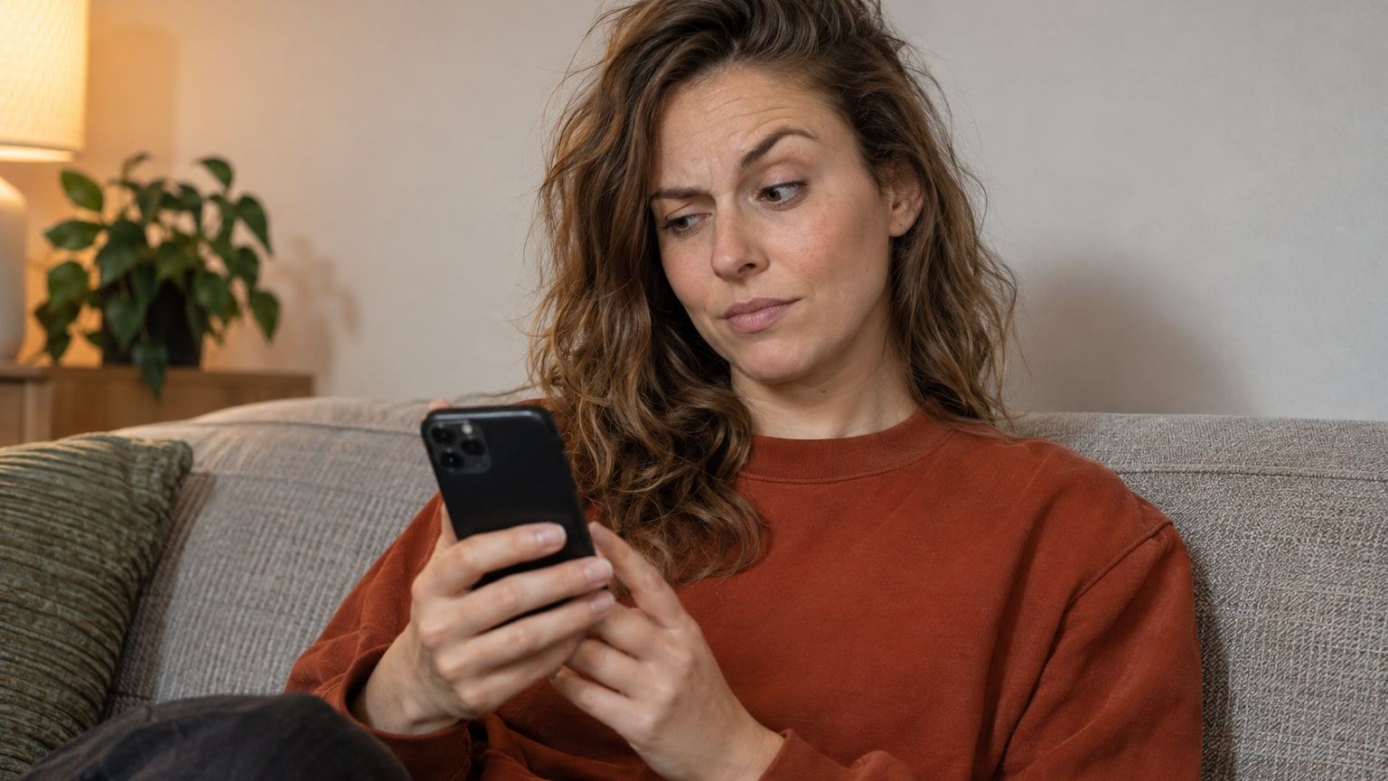 Woman with wavy light brown hair looks sceptically at a message on her phone.