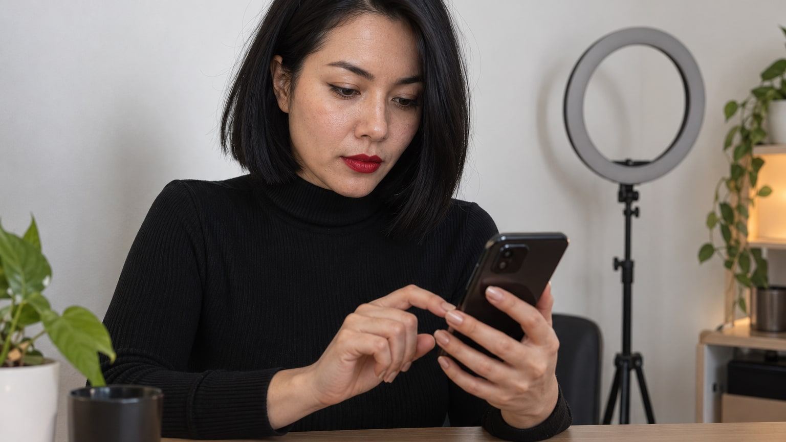 Woman with a black bob and red lipstick scrolls through photos on her phone.