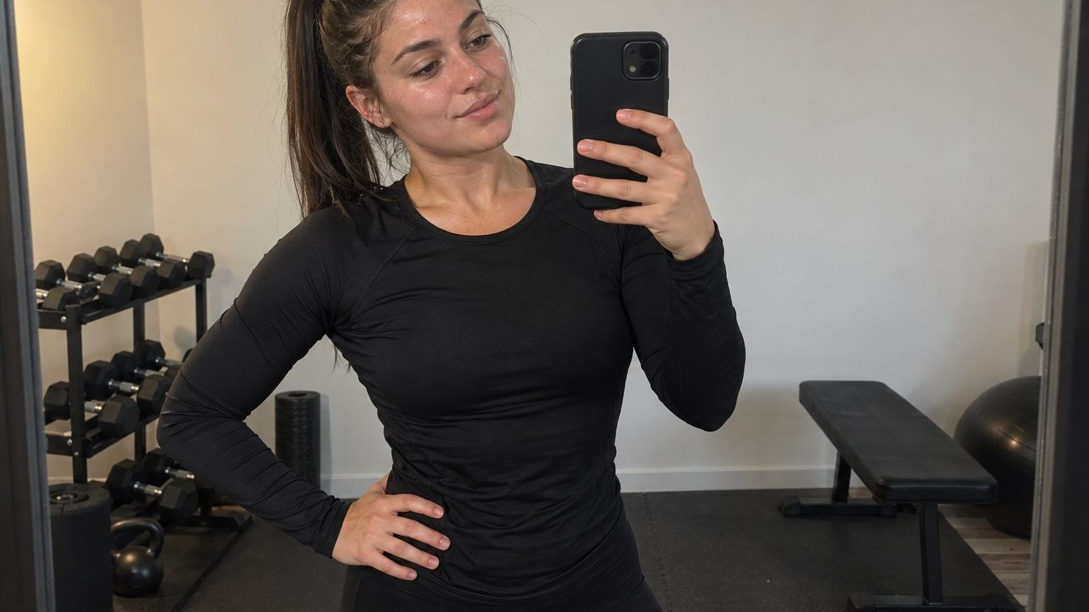 Athletische Frau in schwarzer Sportkleidung fotografiert sich im Spiegel eines Trainingsraums zu Hause.