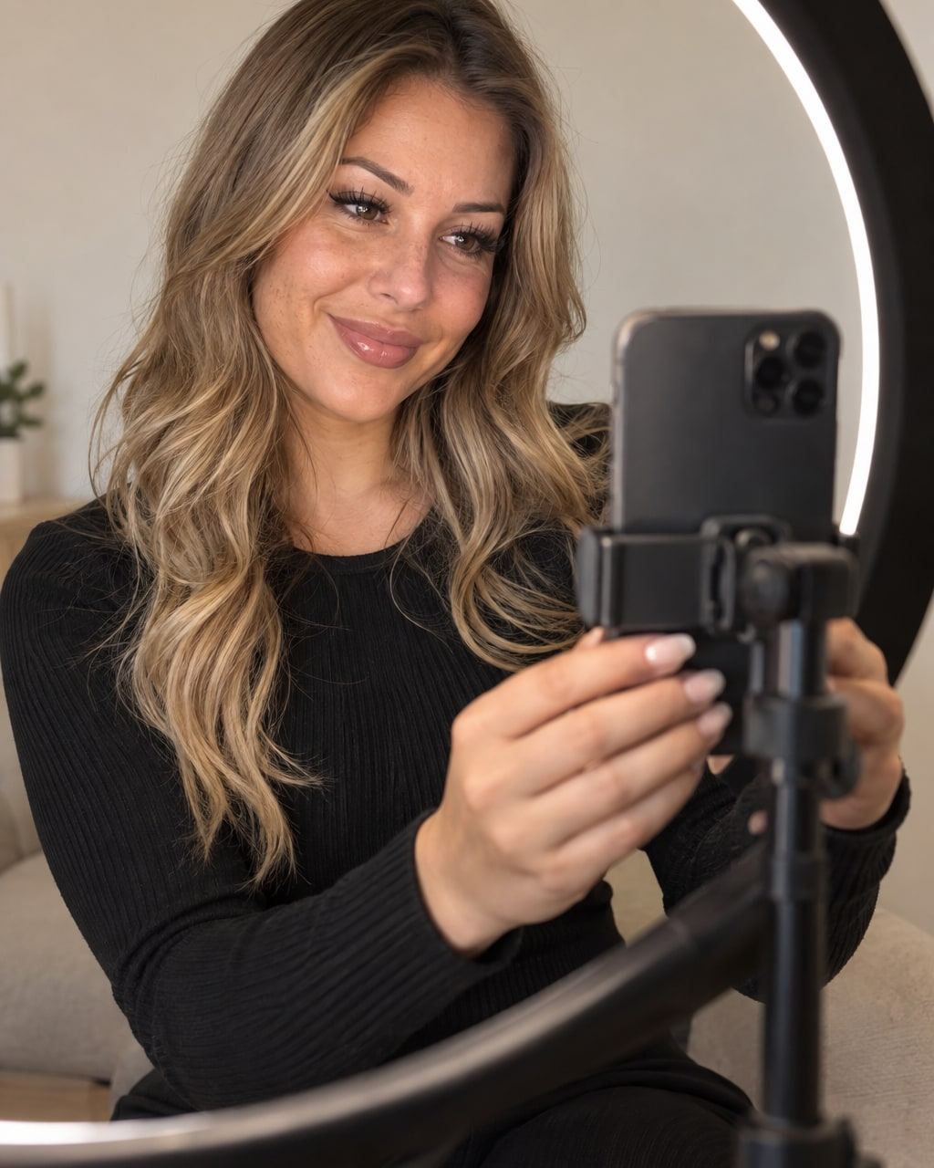 Woman with long blonde waves smiles at a phone set inside a ring light.