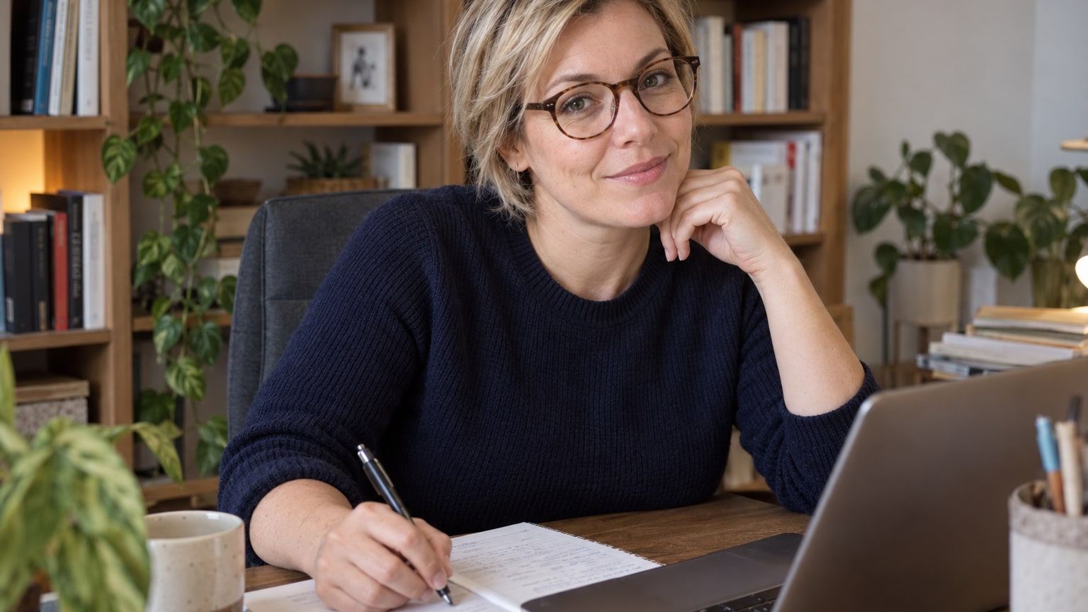 Woman with short blonde hair and round glasses sits at a desk with notes.