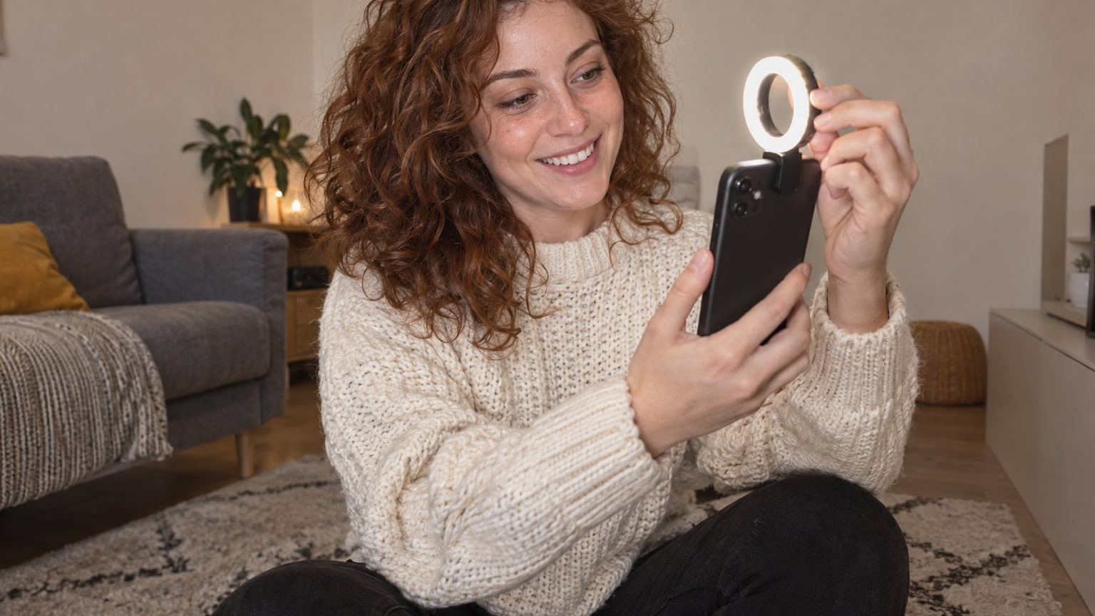 Woman with curly auburn hair tries a small clip-on ring light on her phone.