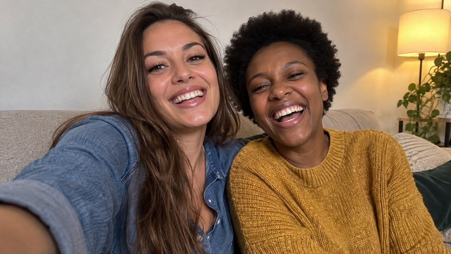 Two women laugh while taking a selfie together on a sofa.