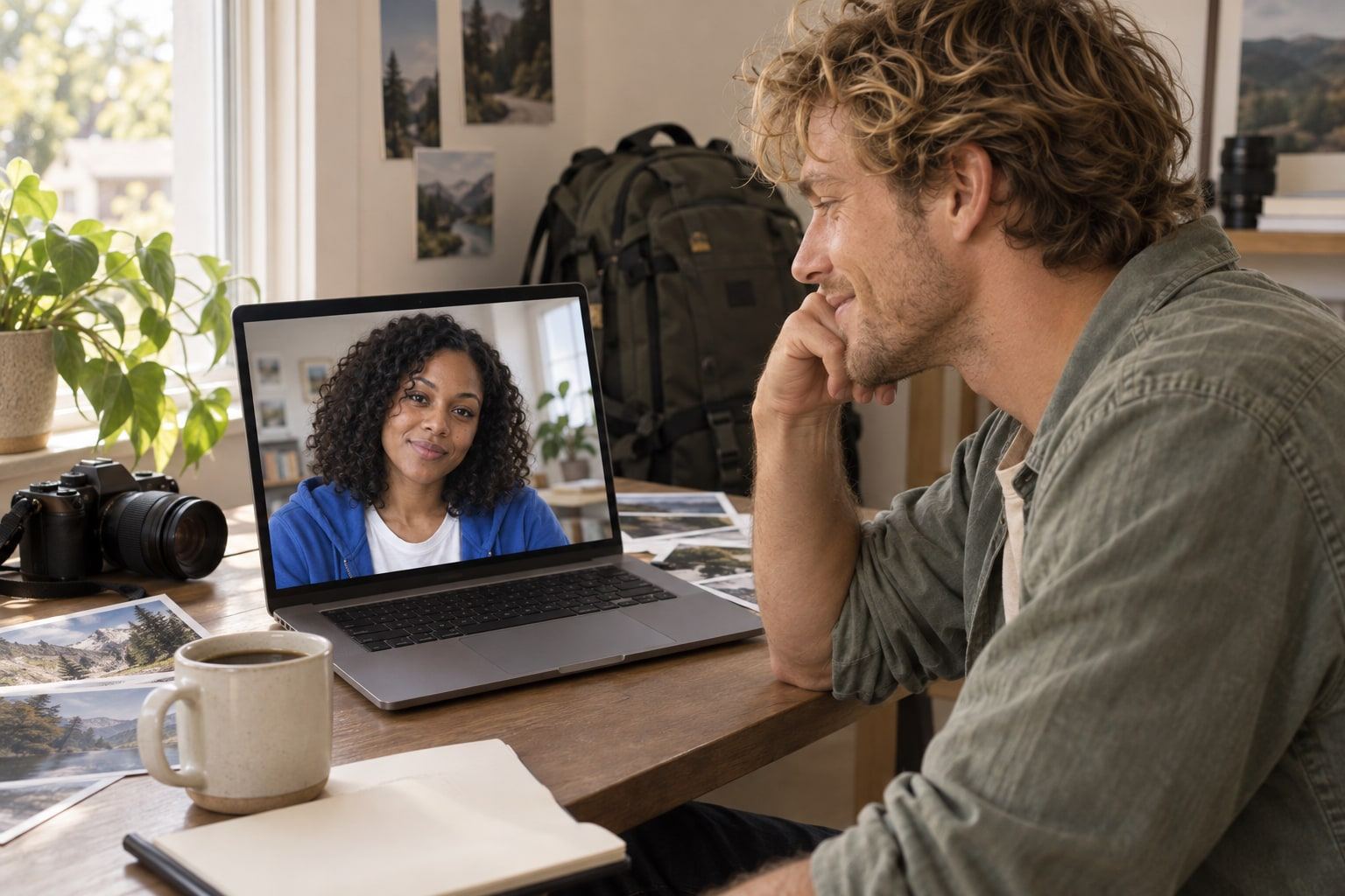 At a bright home workspace, a man talks on a laptop video call.