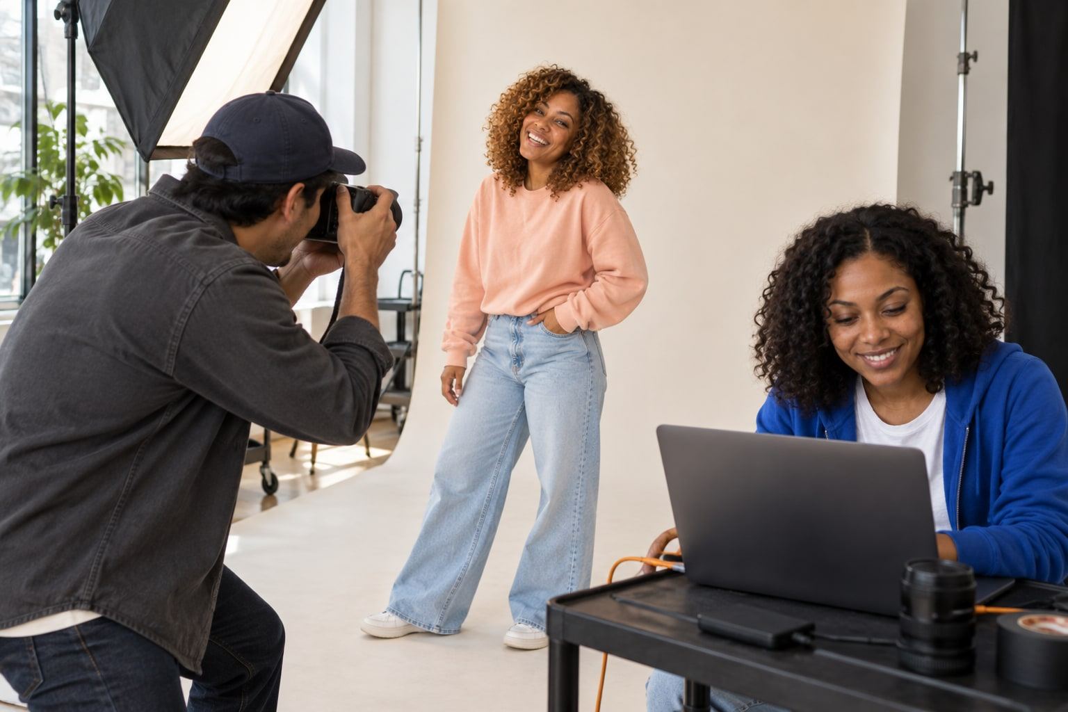 A woman laughs in front of a backdrop as two others work the camera gear.