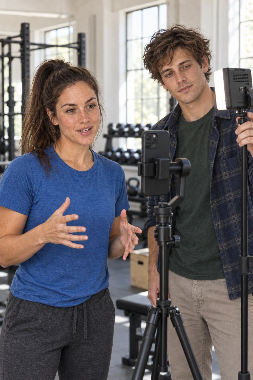 Two people film a short clip in a gym using a phone and a portable lamp.