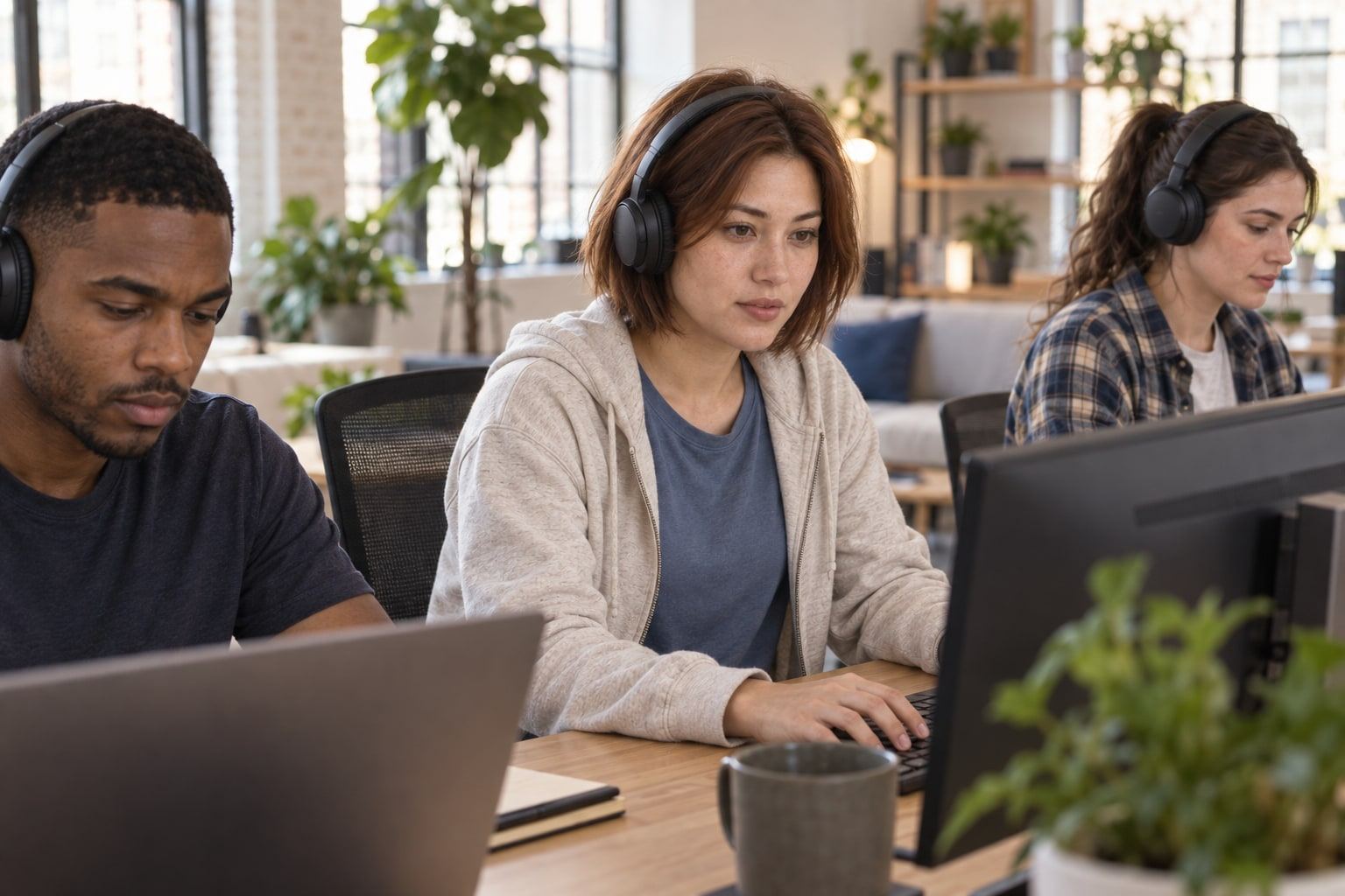 Three people with headphones on work at neat desks in a well-lit office.