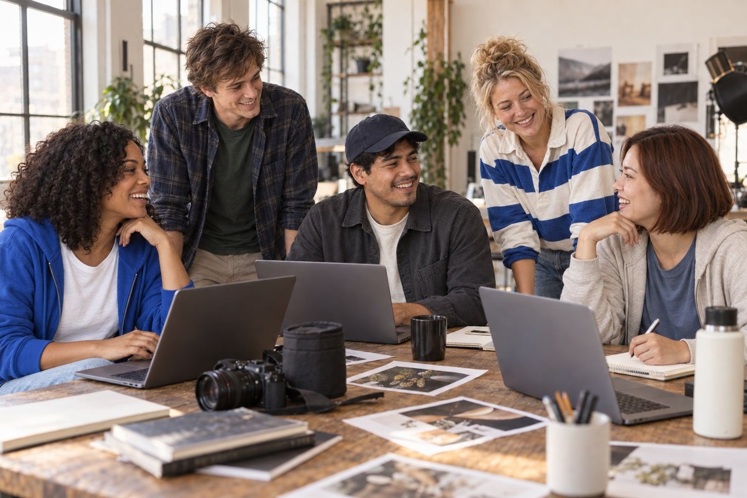 In a sunlit loft, five people share a laugh over open laptops and printed photos.
