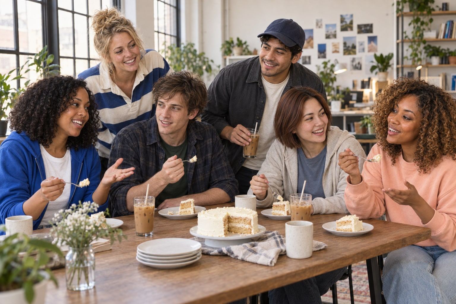 Around a sunlit office table, six people have cake and coffee together.